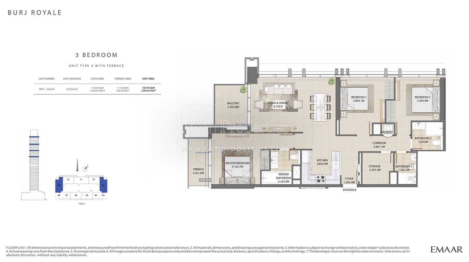 Burj Royale, 3-Bed Floor Plan, type: 3 Bedroom