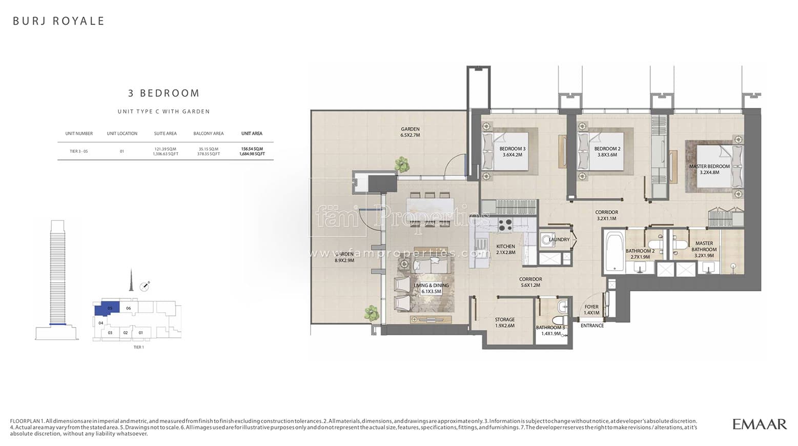 Burj Royale, 3-Bed Floor Plan, type: 3 Bedroom