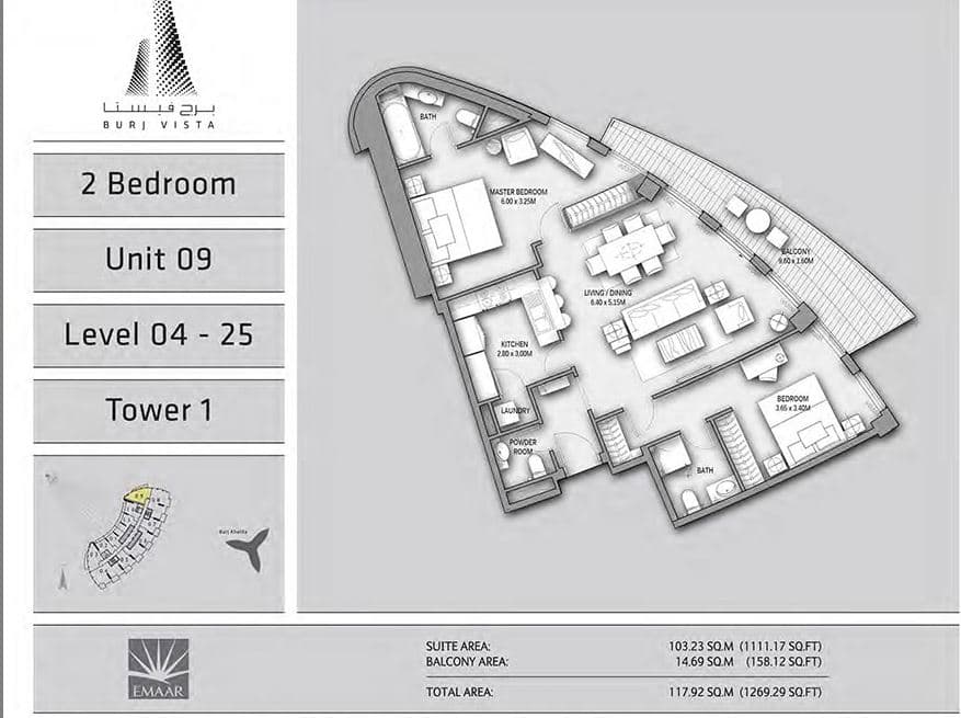 Burj Vista, 2-Bed Floor Plan, type: 2 Bedroom-unit9