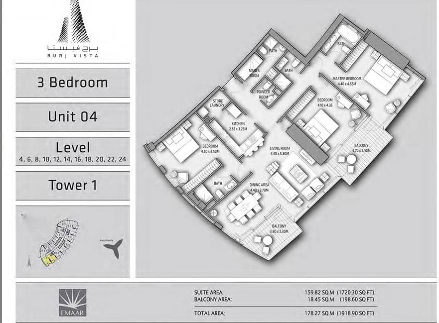 Burj Vista, 3-Bed Floor Plan, type: 3 Bedroom-unit4