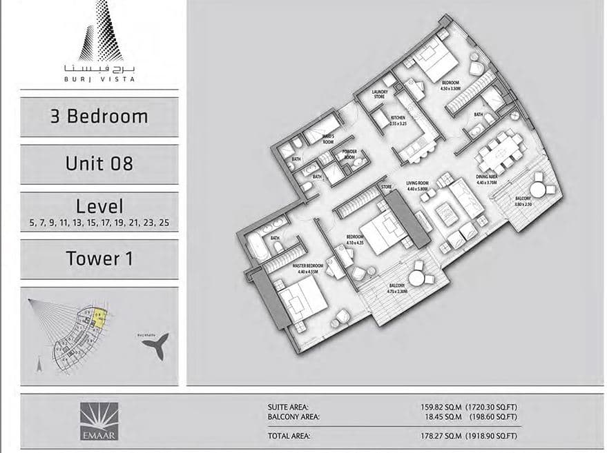 Burj Vista, 3-Bed Floor Plan, type: 3 Bedroom-unit8