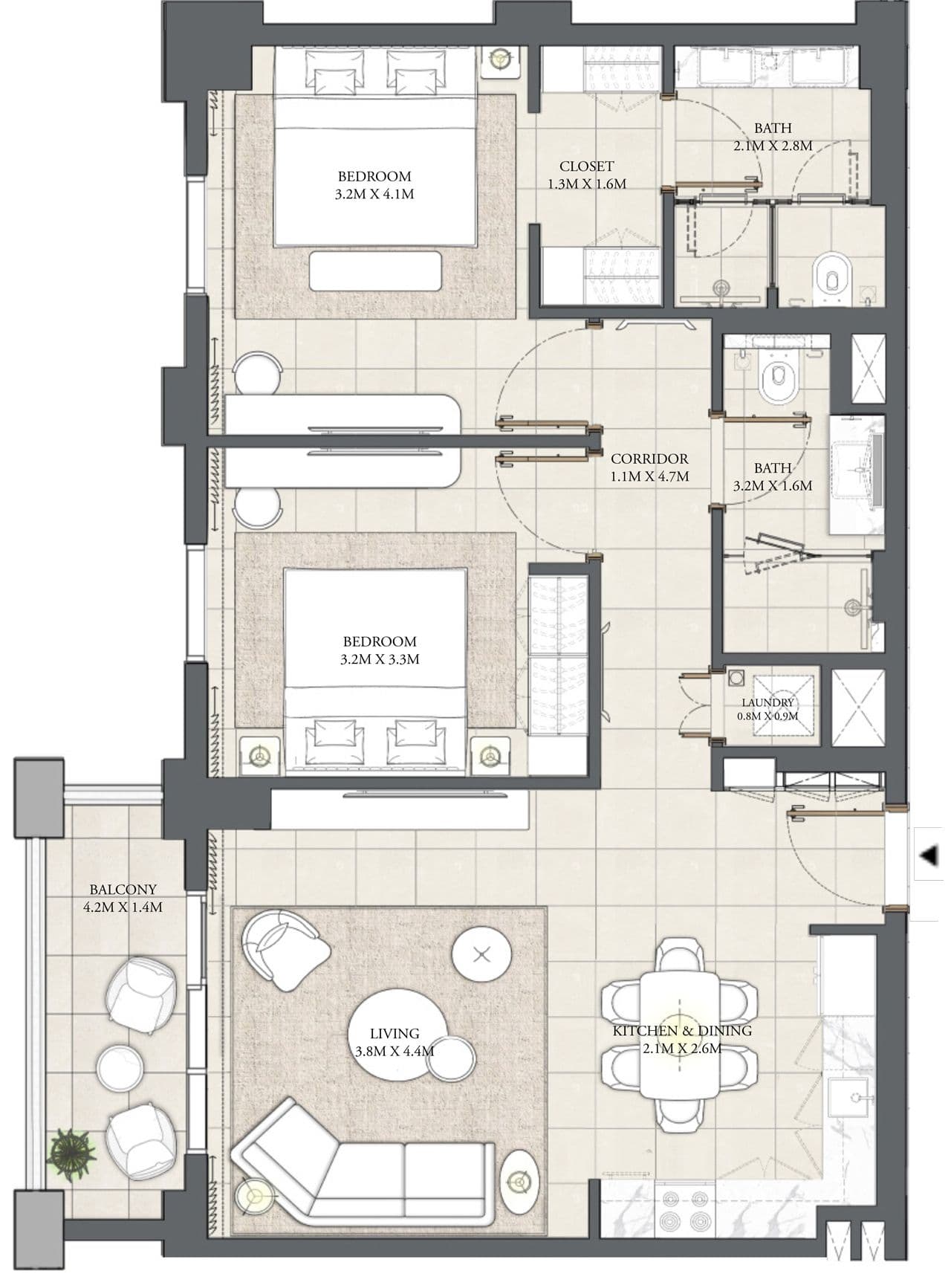 Cedar Creek Beach - Building 1, 2-Bed Floor Plan, type: