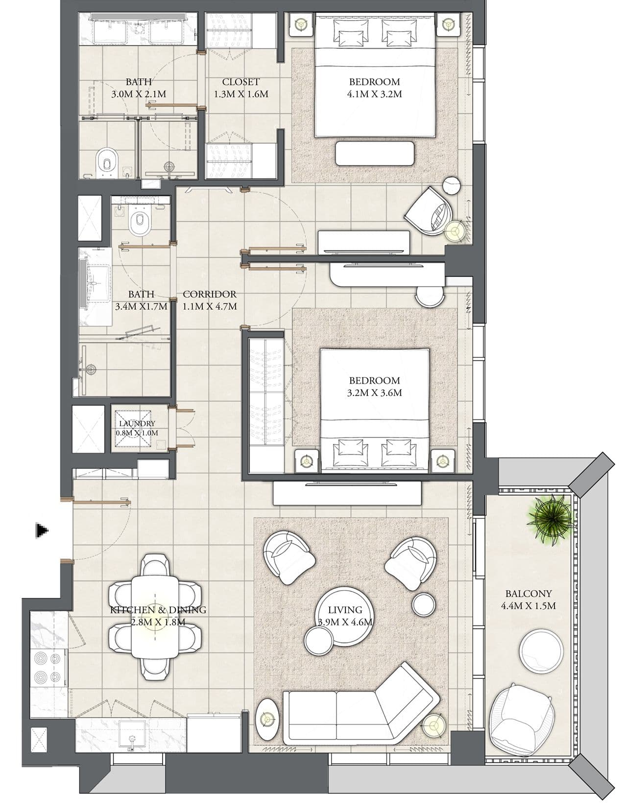 Cedar Creek Beach - Building 1, 2-Bed Floor Plan, type: