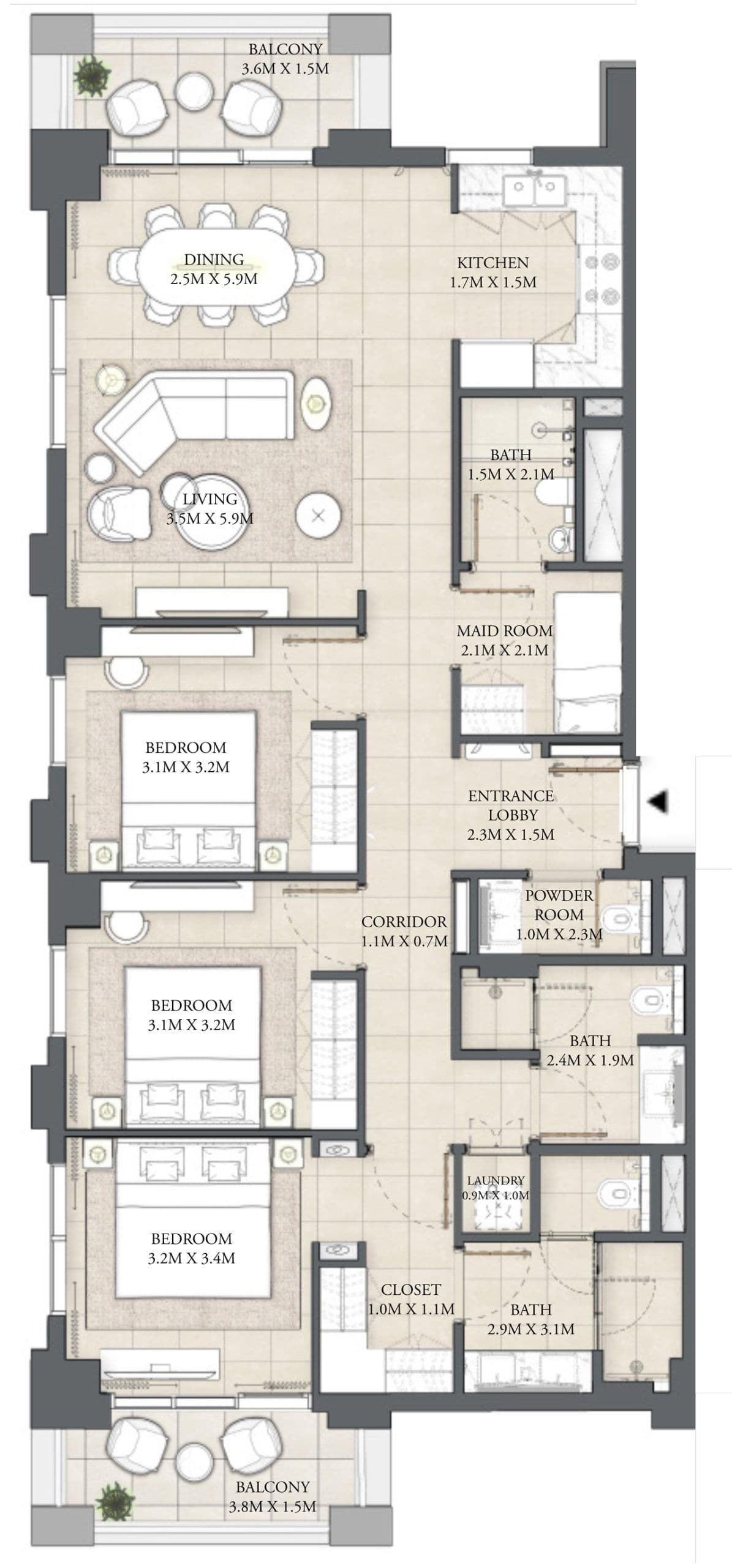 Cedar Creek Beach - Building 1, 3-Bed Floor Plan, type:
