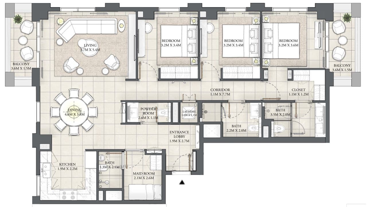 Cedar Creek Beach - Building 1, 3-Bed Floor Plan, type:
