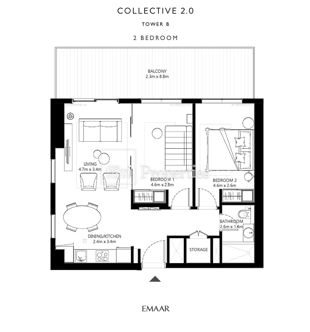 Collective 2.0 Tower A, 2-Bed Floor Plan, type: 2 Bedroom
