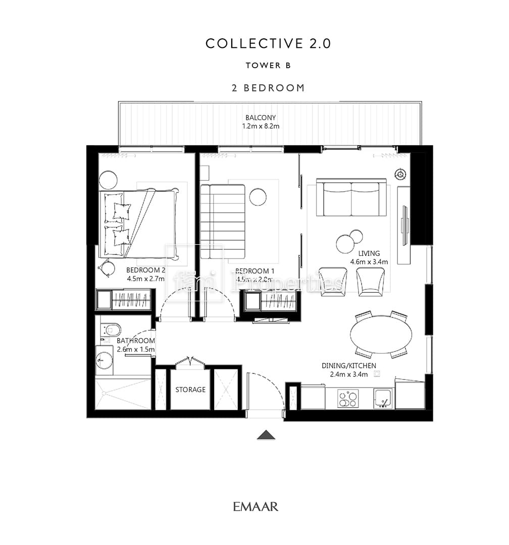 Collective 2.0 Tower A, 2-Bed Floor Plan, type: 2 Bedroom