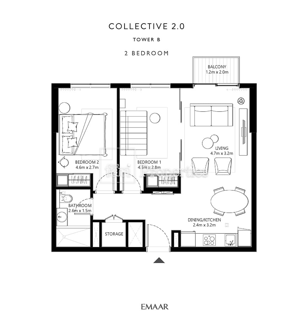 Collective 2.0 Tower A, 2-Bed Floor Plan, type: 2 Bedroom