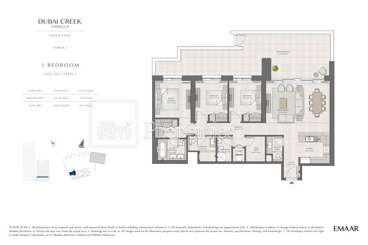 Creek Edge Tower 1, 3-Bed Floor Plan, type: 3 Bedroom