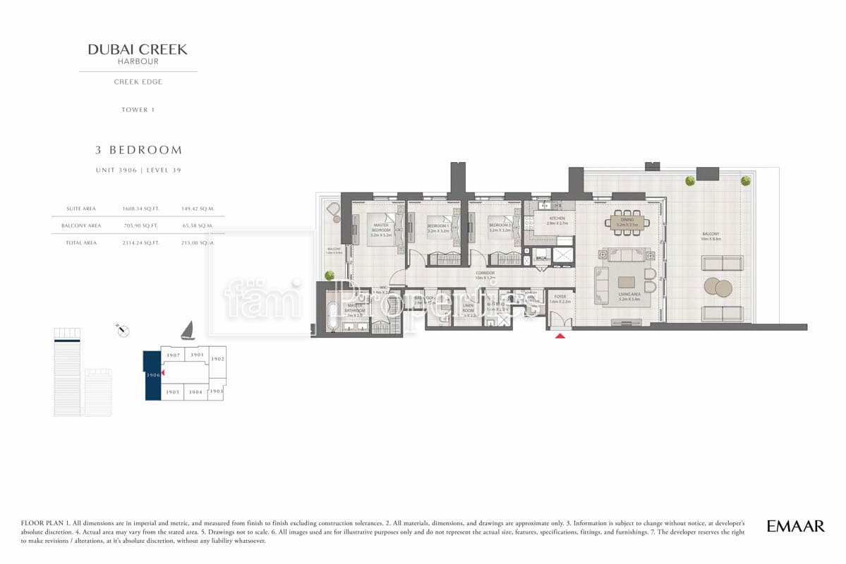Creek Edge Tower 1, 3-Bed Floor Plan, type: 3 Bedroom