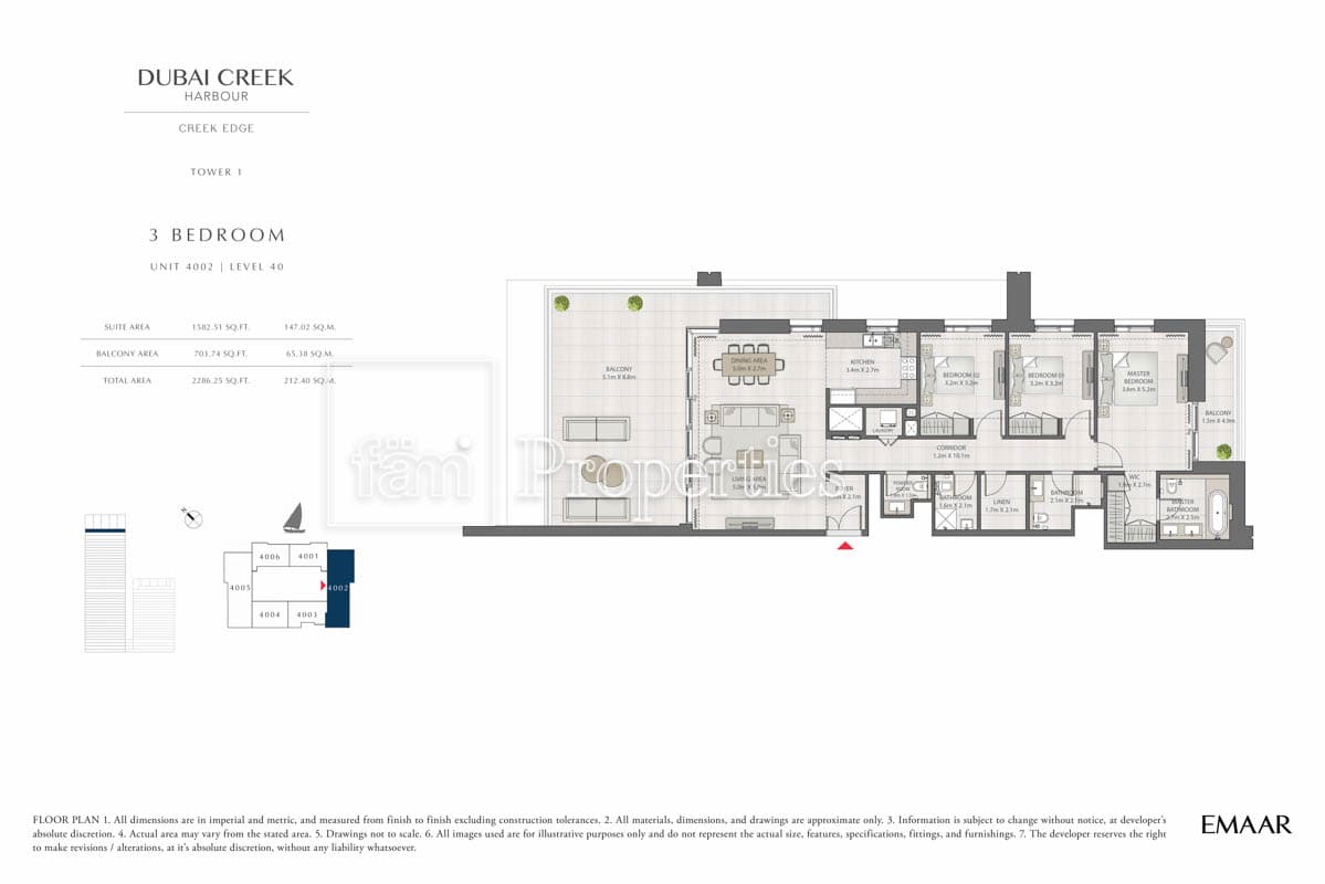 Creek Edge Tower 1, 3-Bed Floor Plan, type: 3 Bedroom