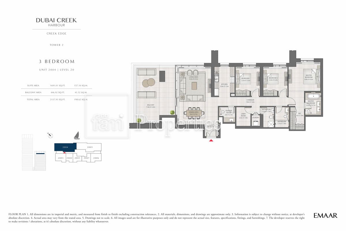 Creek Edge Tower 1, 3-Bed Floor Plan, type: 3 Bedroom