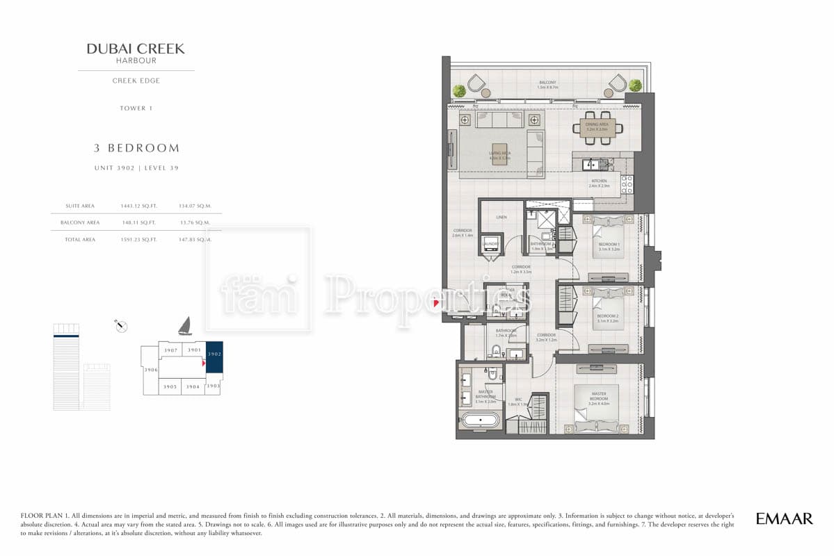 Creek Edge Tower 1, 3-Bed Floor Plan, type: 3 Bedroom
