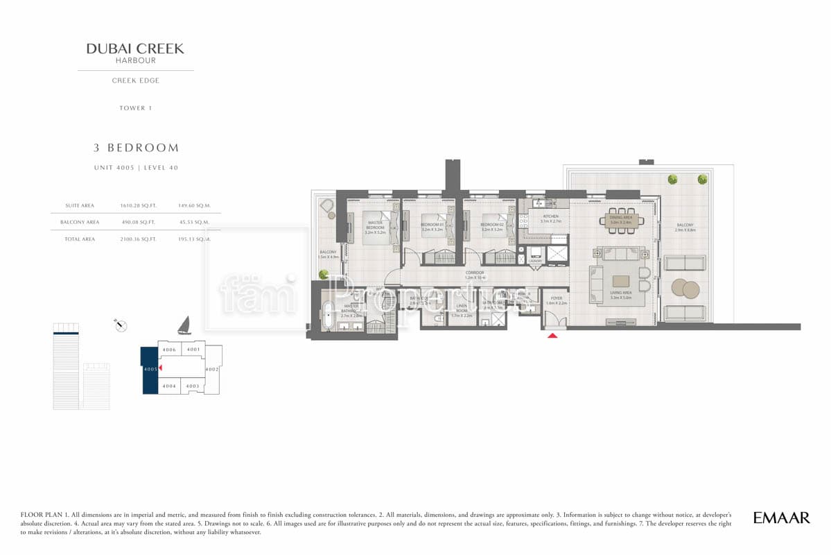 Creek Edge Tower 1, 3-Bed Floor Plan, type: 3 Bedroom