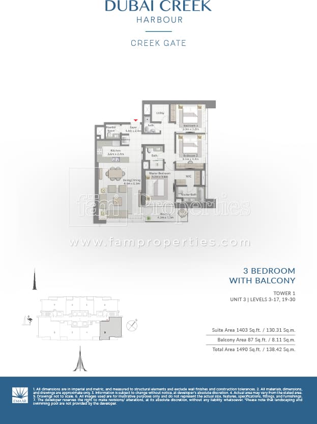 Creek Gate Tower 2, 3-Bed Floor Plan, type: 3 Bedroom