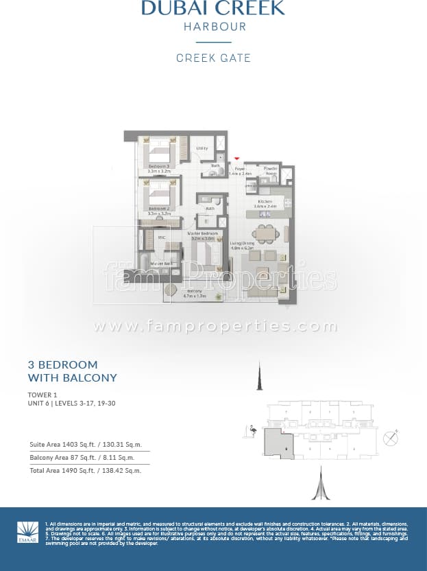 Creek Gate Tower 2, 3-Bed Floor Plan, type: 3 Bedroom