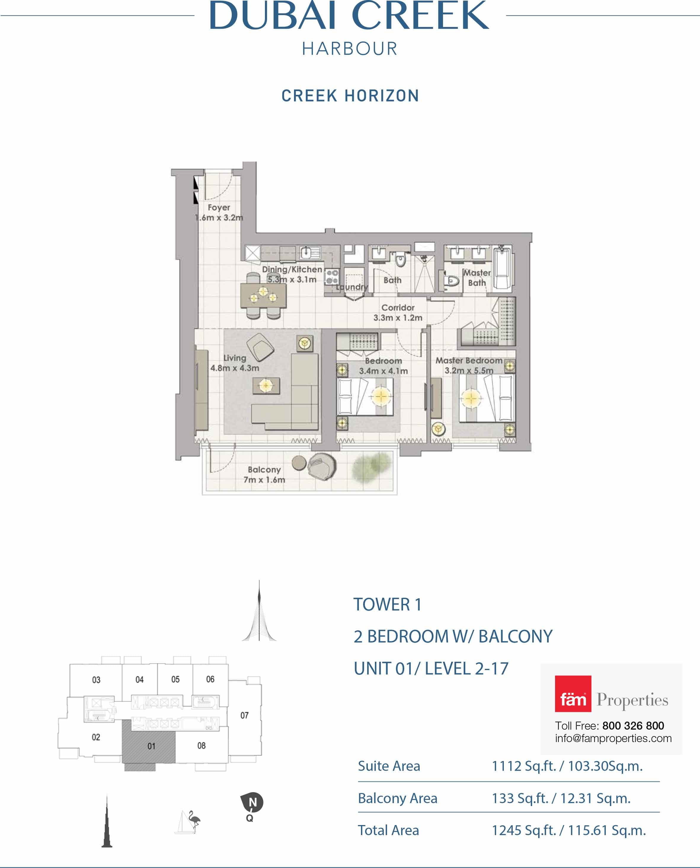 Creek Horizon Tower 1, 2-Bed Floor Plan, type: 2 BD - Unit 01