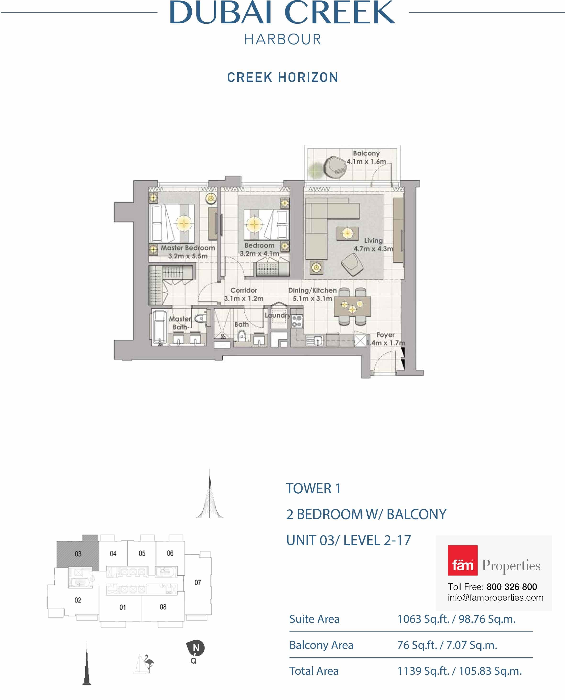 Creek Horizon Tower 1, 2-Bed Floor Plan, type: 2 BD - Unit 03