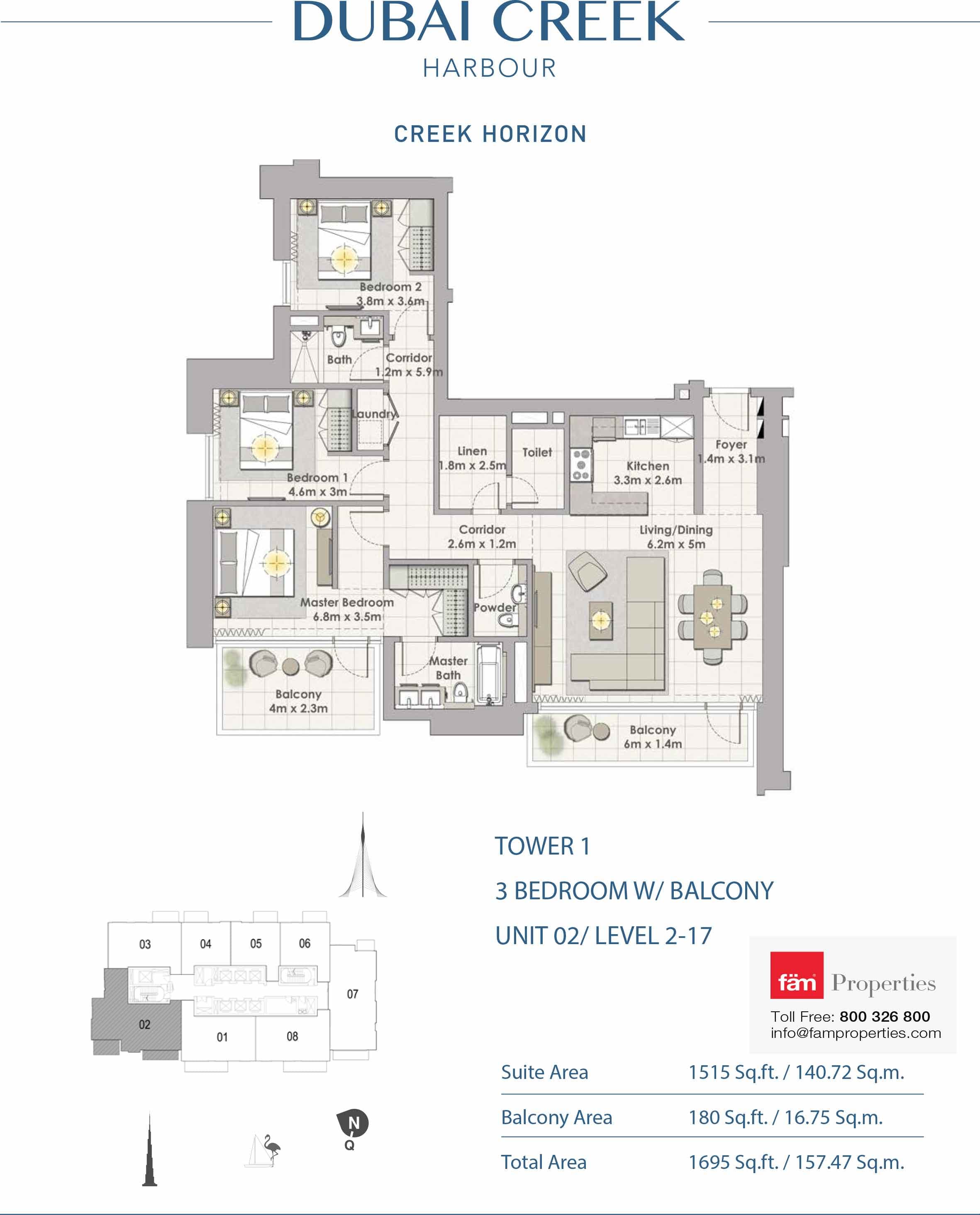 Creek Horizon Tower 1, 3-Bed Floor Plan, type: 3 BD Unit 02