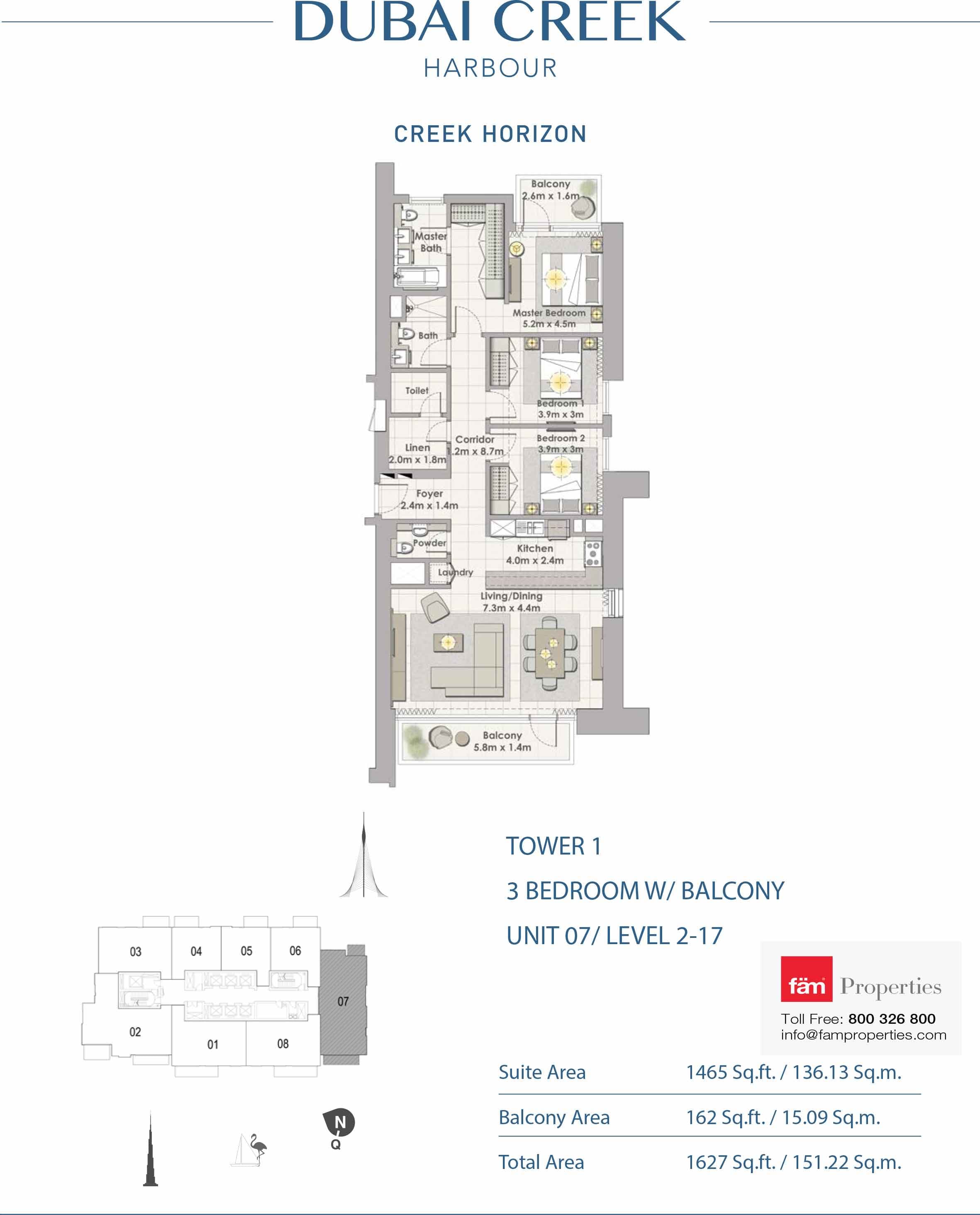 Creek Horizon Tower 1, 3-Bed Floor Plan, type: 3 BD Unit 07