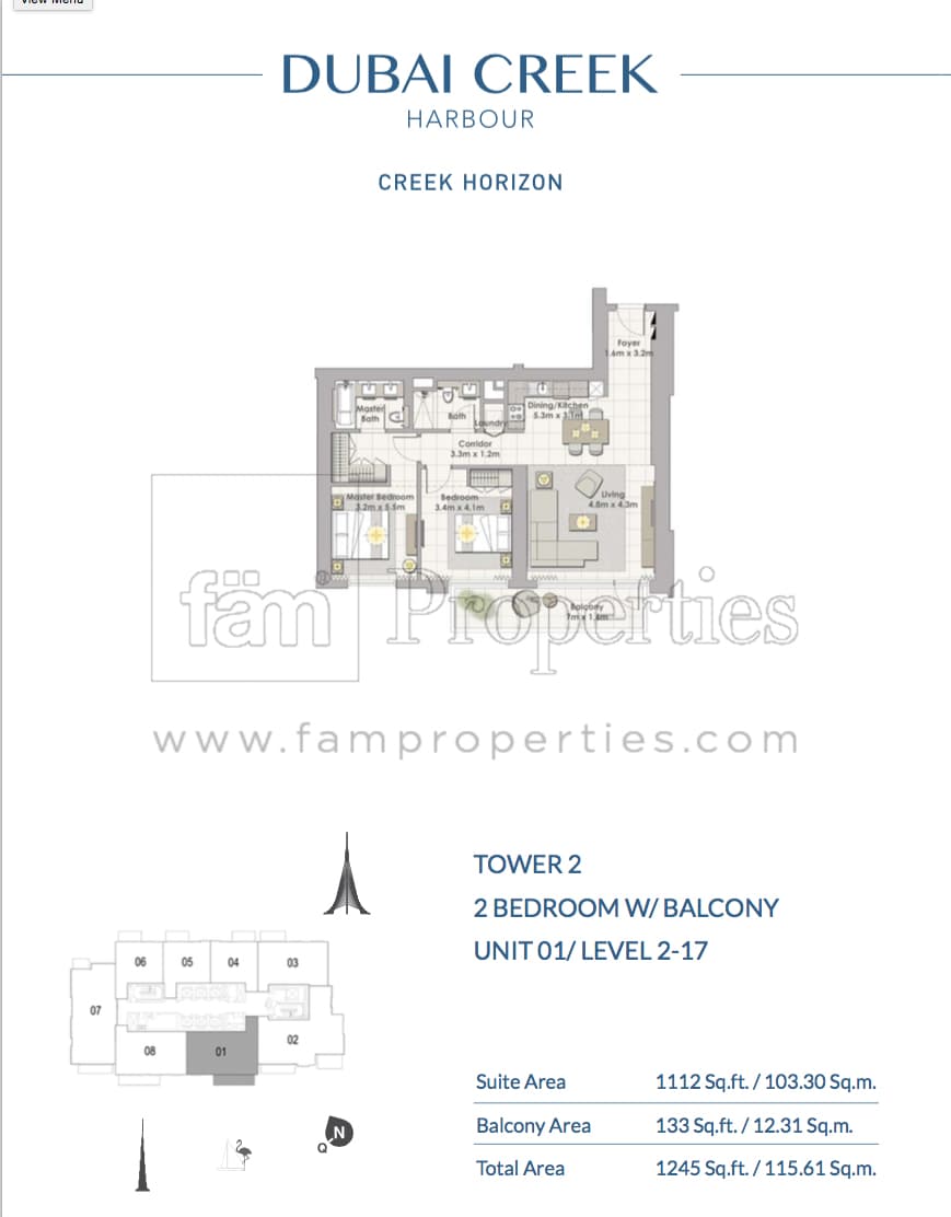 Creek Horizon Tower 2, 2-Bed Floor Plan, type: 2 BD - Unit 01 Level 2- 17