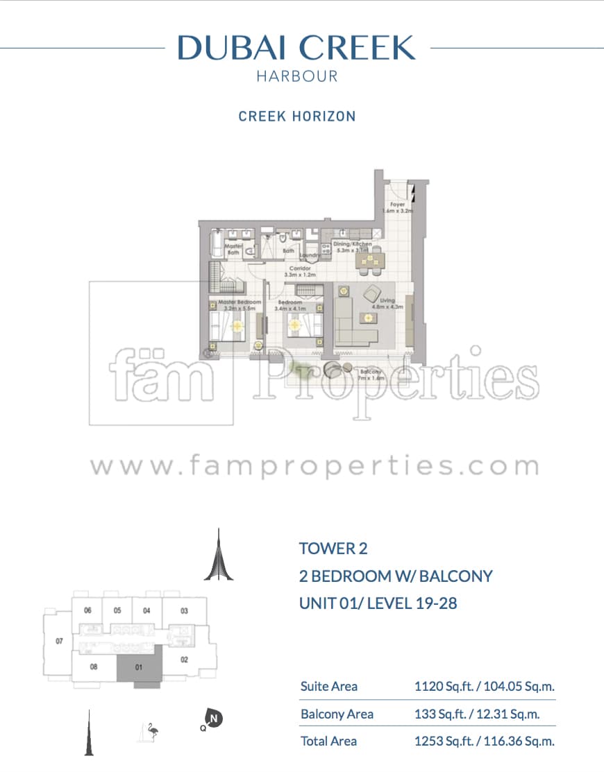 Creek Horizon Tower 2, 2-Bed Floor Plan, type: 2 BD - Unit 01 Level 19 -28