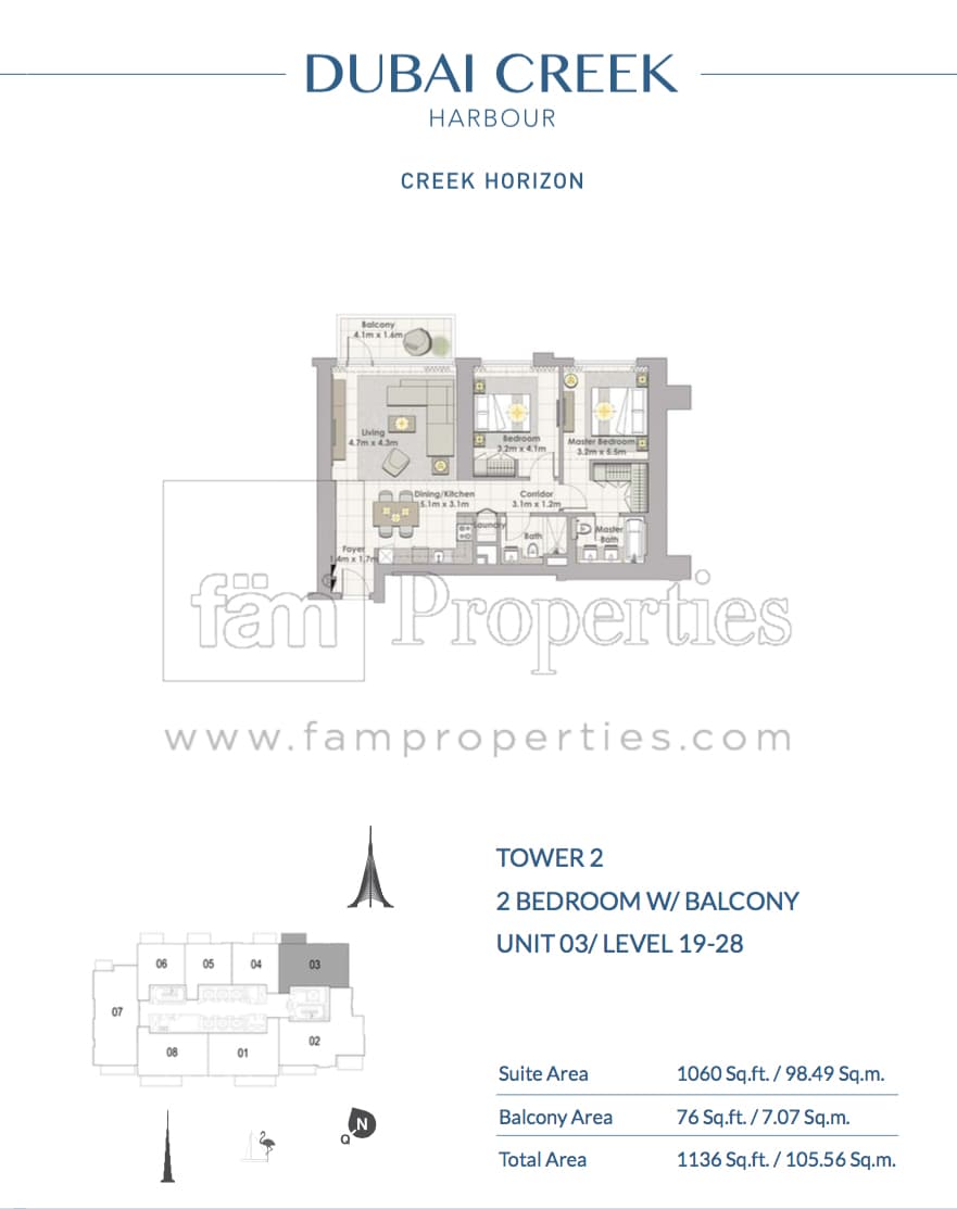 Creek Horizon Tower 2, 2-Bed Floor Plan, type: 2 BD - Unit 03 Level 19 - 28