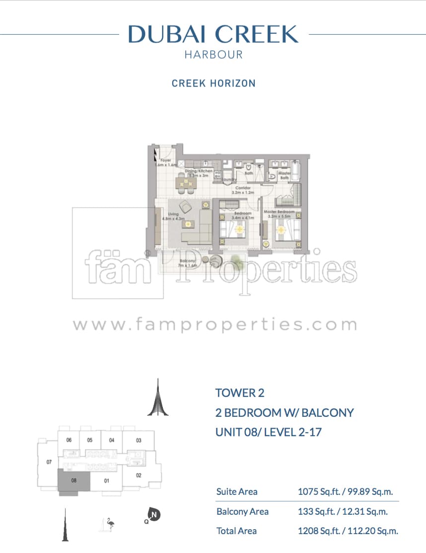 Creek Horizon Tower 2, 2-Bed Floor Plan, type: 2 BD - Unit 08 Level 2 - 17