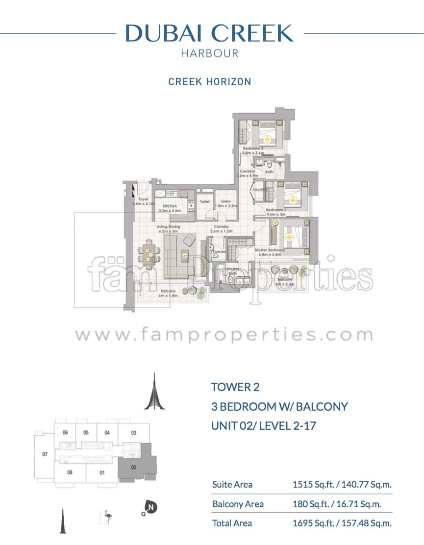 Creek Horizon Tower 2, 3-Bed Floor Plan, type: 3 BD - Unit 02 Level 2 - 17
