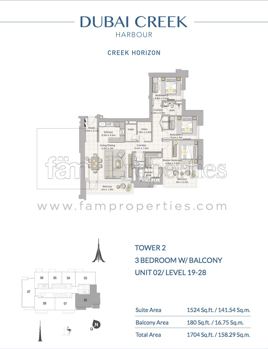 Creek Horizon Tower 2, 3-Bed Floor Plan, type: 3 BD - Unit 02 Level 19 -28