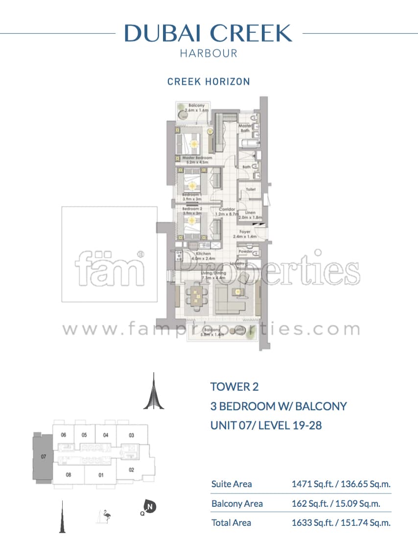Creek Horizon Tower 2, 3-Bed Floor Plan, type: 3 BD - Unit 07 Level 19 - 28
