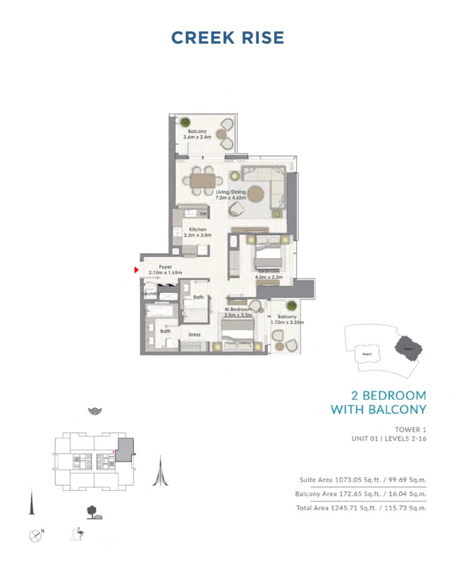 Creek Rise 1 Tower Apartments, 2-Bed Floor Plan, type: Unit 01 | Level 2-16