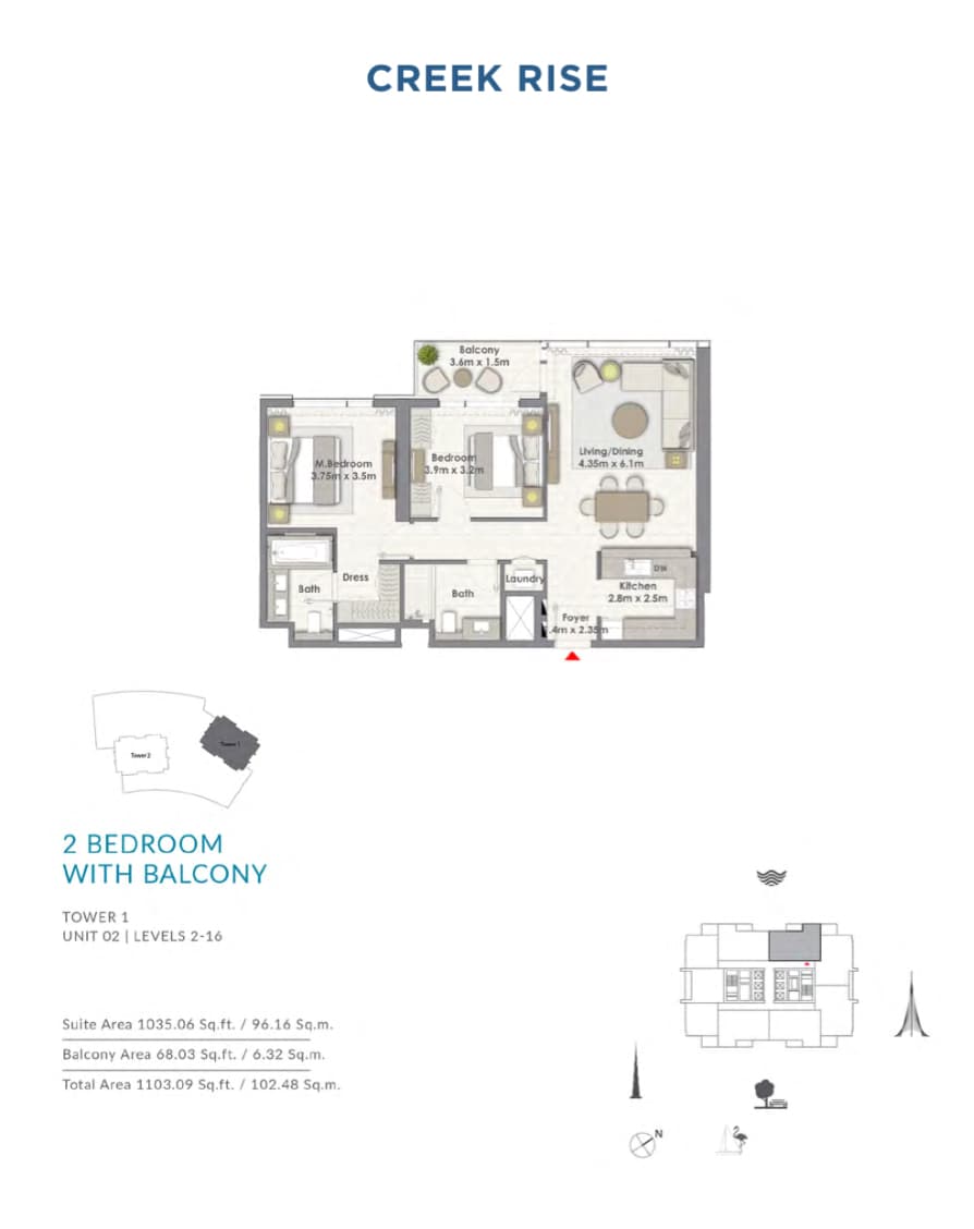 Creek Rise 1 Tower Apartments, 2-Bed Floor Plan, type: Unit 02 | Level 2-16