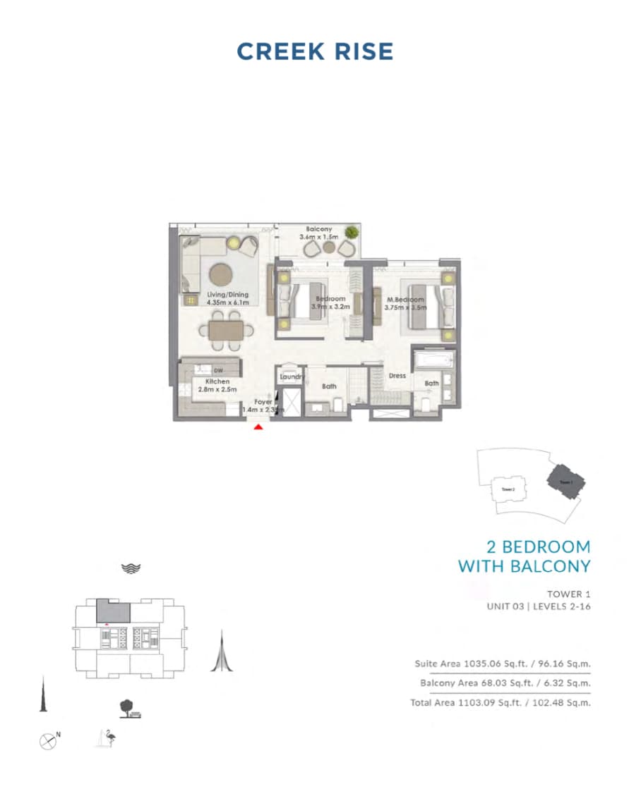 Creek Rise 1 Tower Apartments, 2-Bed Floor Plan, type: Unit 03 | Level 2-16
