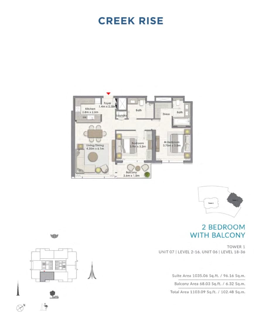 Creek Rise 1 Tower Apartments, 2-Bed Floor Plan, type: Unit 07 | Level 2-16, Unit 06 | Level 18-36