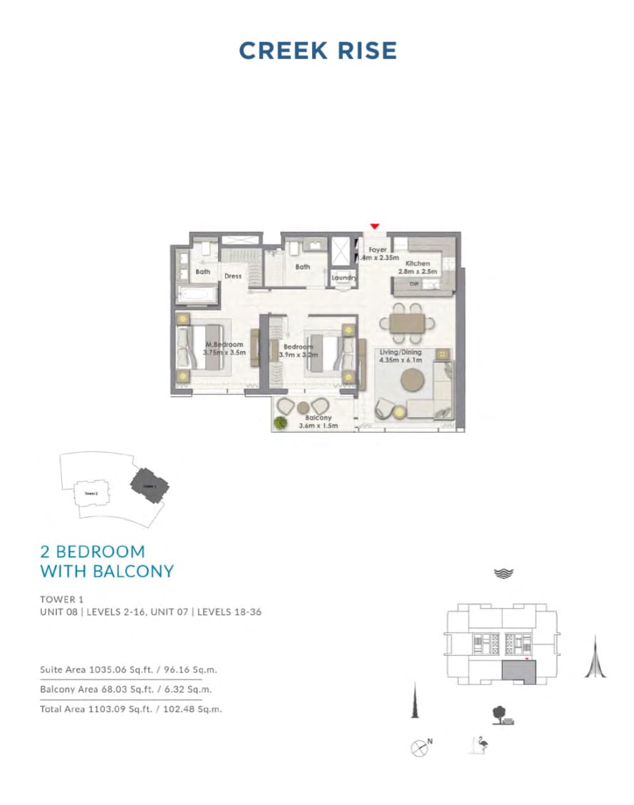 Creek Rise 1 Tower Apartments, 2-Bed Floor Plan, type: Unit 08 | Level 2-16, Unit 07 | Level 18-36
