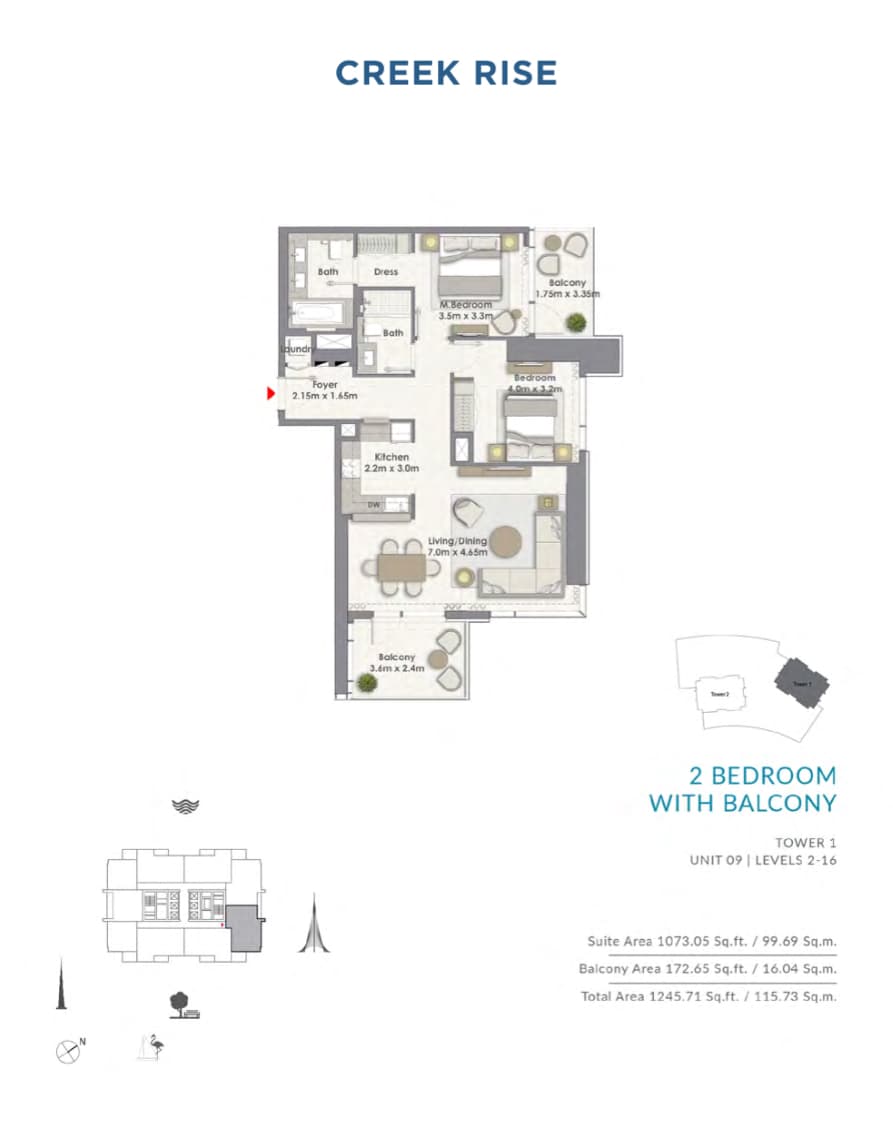 Creek Rise 1 Tower Apartments, 2-Bed Floor Plan, type: Unit 09 | Level 2-16