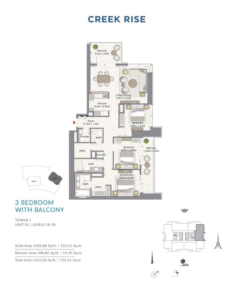 Creek Rise 1 Tower Apartments, 3-Bed Floor Plan, type: Unit 01 | Level 18-36