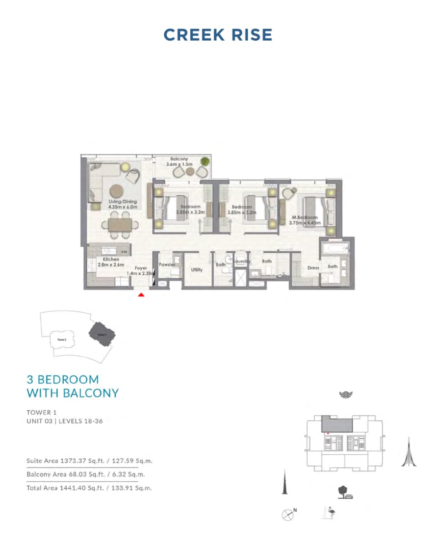 Creek Rise 1 Tower Apartments, 3-Bed Floor Plan, type: Unit 03 | Level 18-36