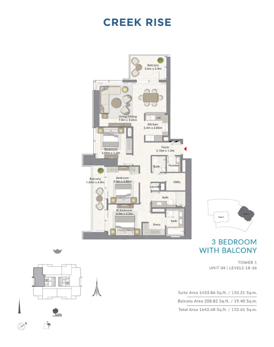 Creek Rise 1 Tower Apartments, 3-Bed Floor Plan, type: Unit 04 | Level 18-36