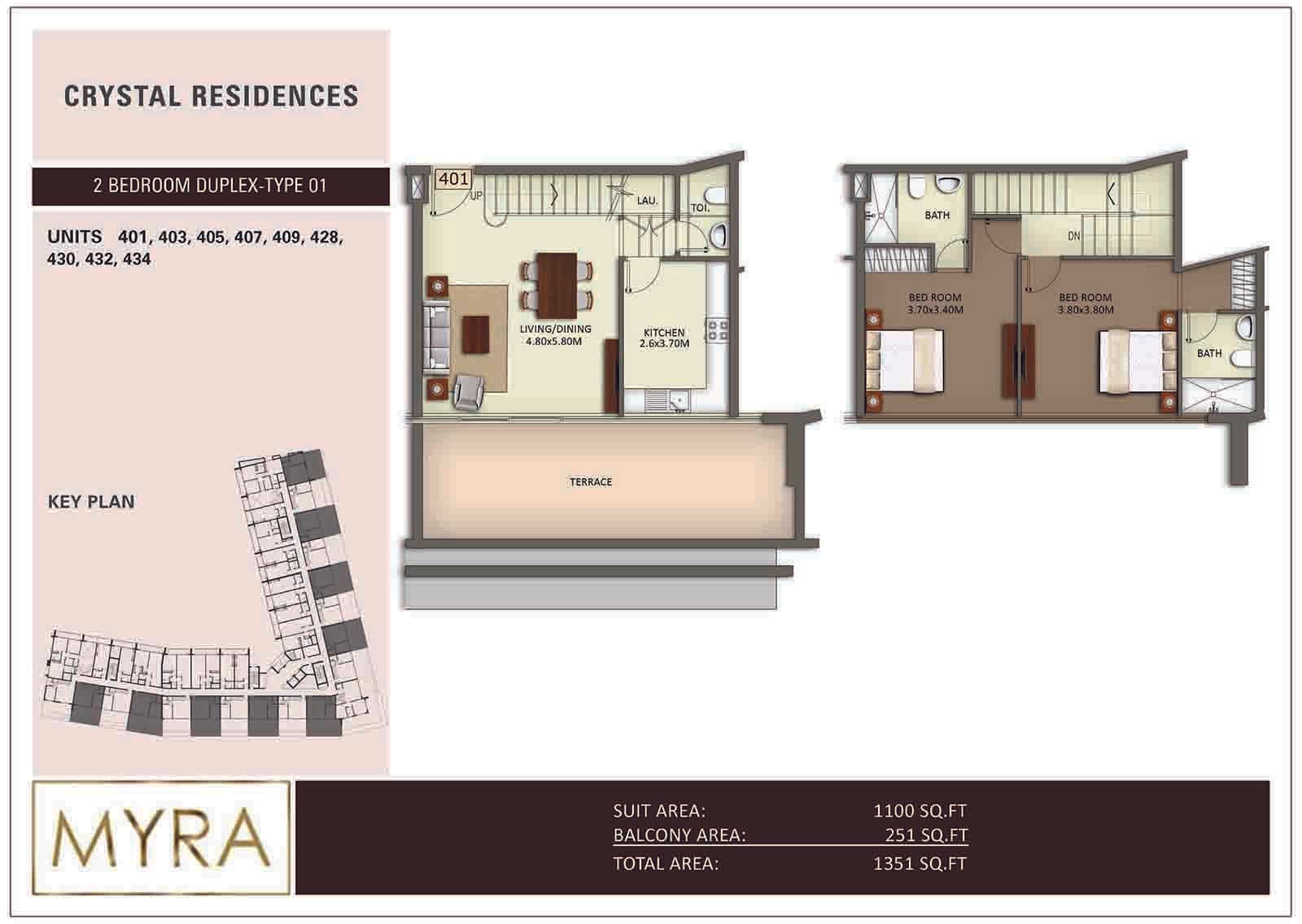 Crystal Residences, 2-Bed Floor Plan, type: 2 BD Duplex Type 01
