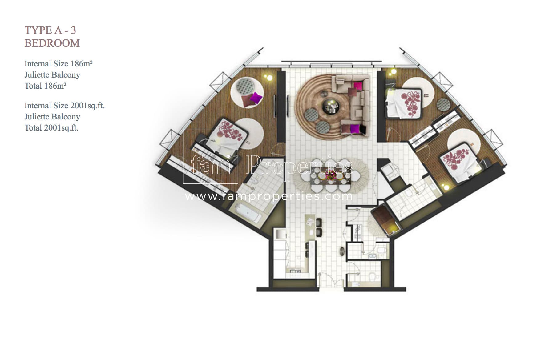 D1 Tower, 3-Bed Floor Plan, type: Tye A - 3 Bedroom