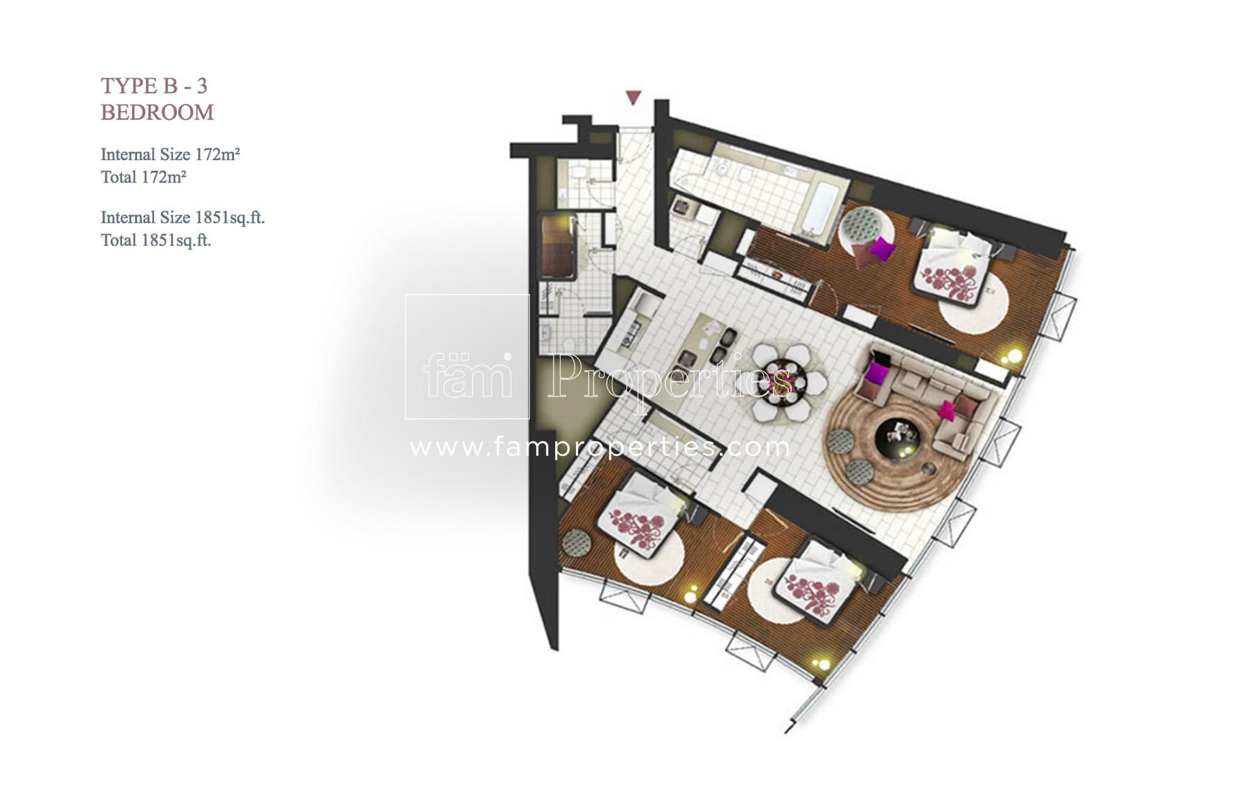 D1 Tower, 3-Bed Floor Plan, type: Type B - 3 Bedroom