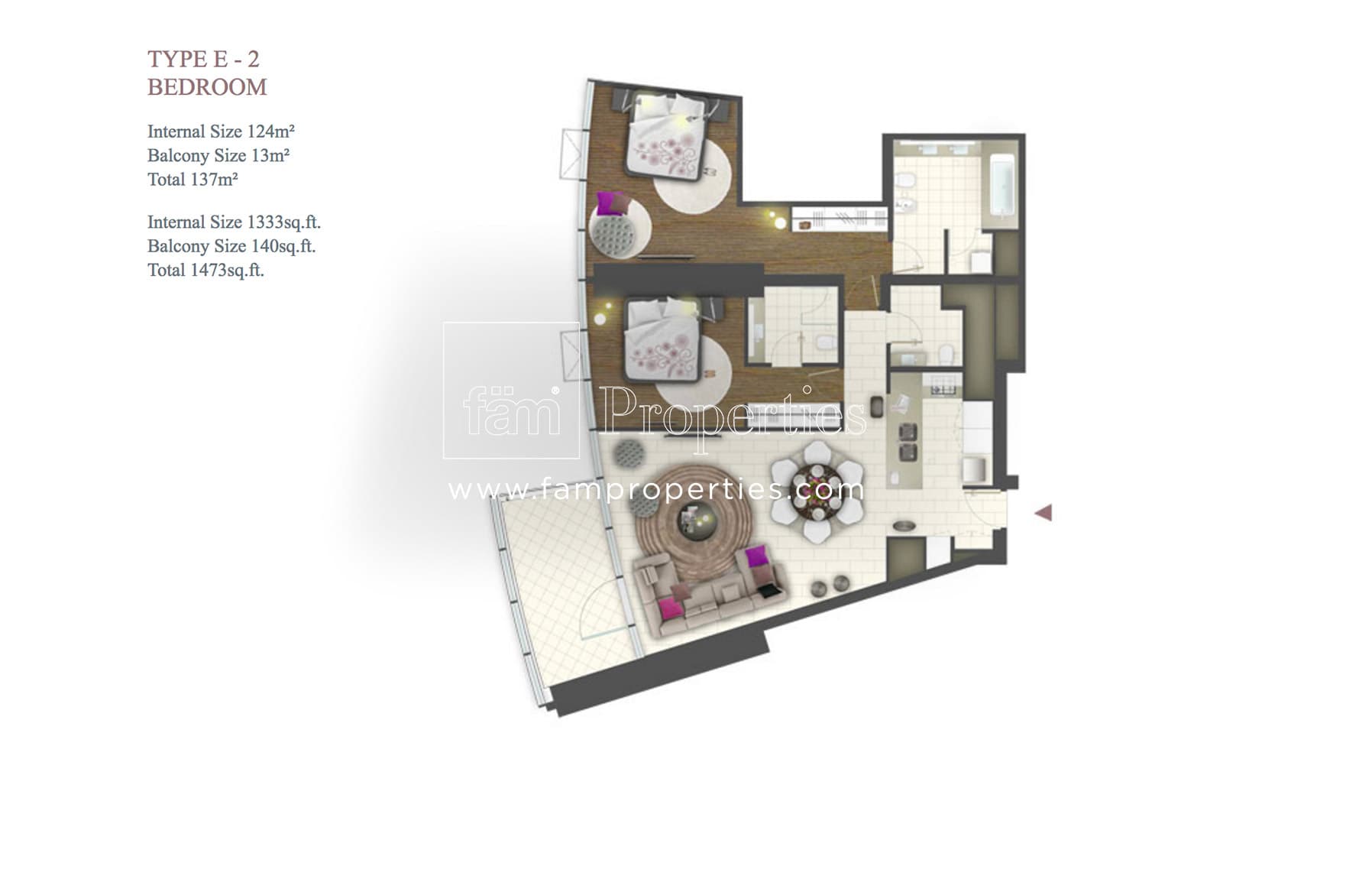 D1 Tower, 2-Bed Floor Plan, type: Type E - 2 Bedroom