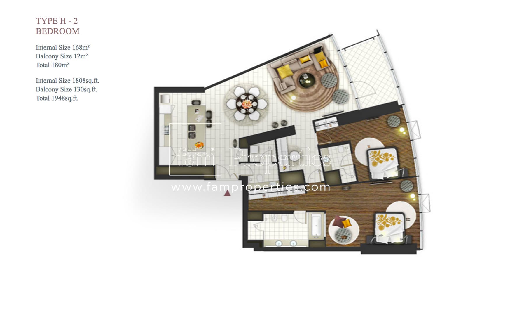 D1 Tower, 2-Bed Floor Plan, type: Type H - 2 Bedroom