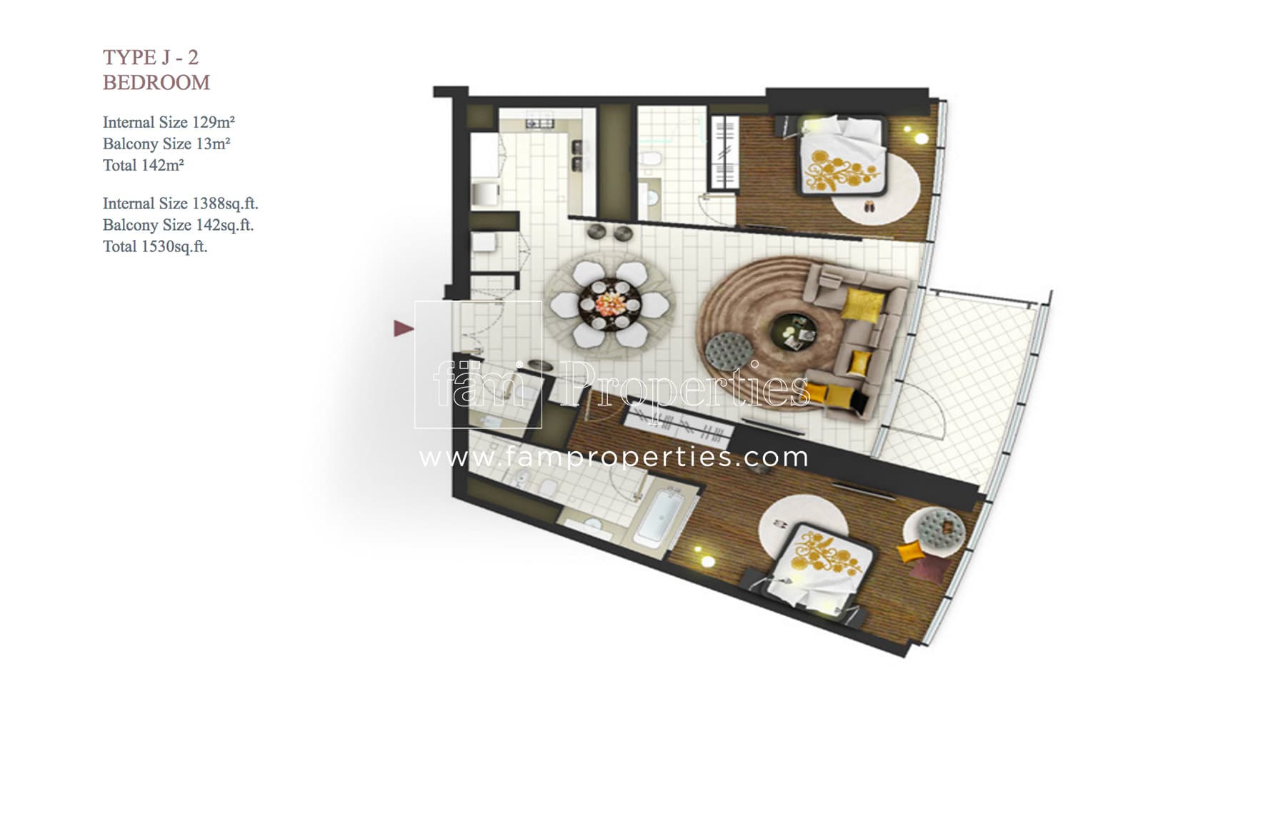 D1 Tower, 2-Bed Floor Plan, type: Type J - 2 Bedroom