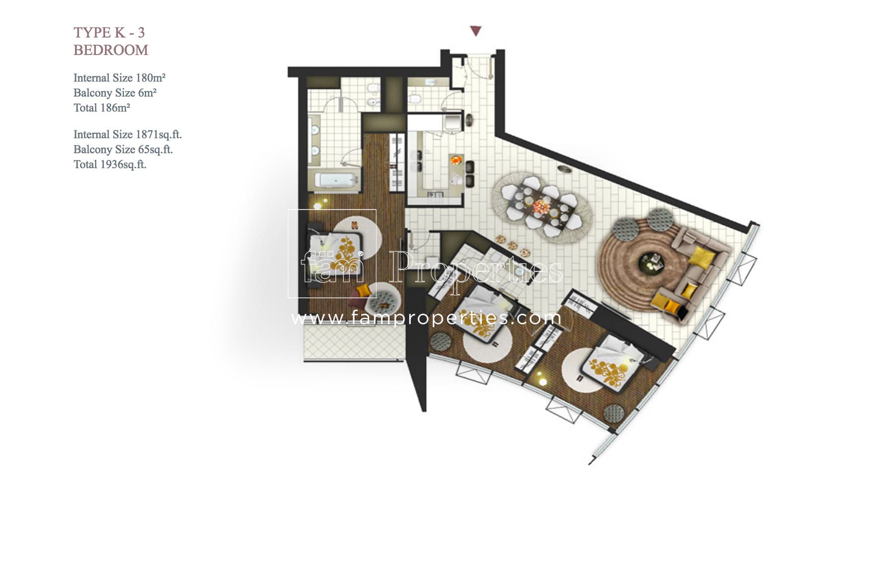D1 Tower, 3-Bed Floor Plan, type: Type K - 3 Bedroom