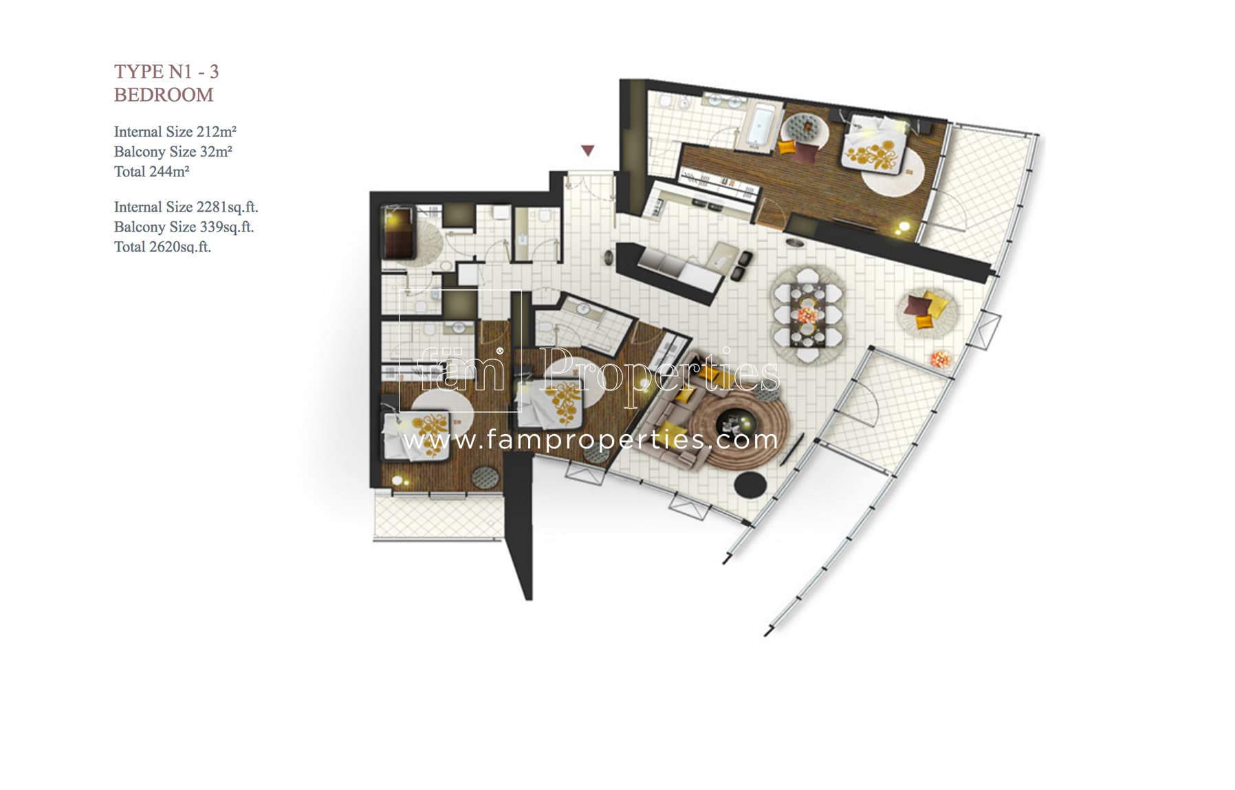 D1 Tower, 3-Bed Floor Plan, type: Type N1 - 3 Bedroom