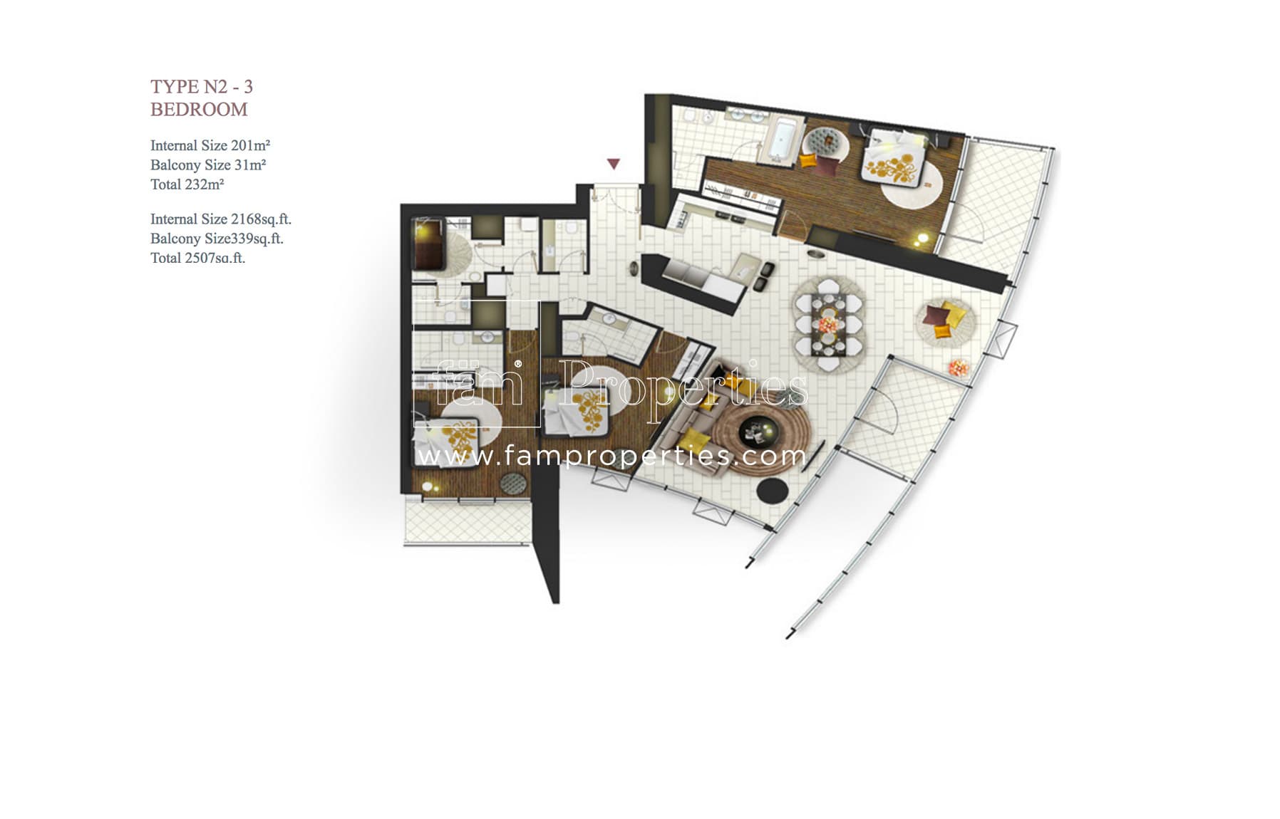 D1 Tower, 3-Bed Floor Plan, type: Type N2 - 3 Bedroom