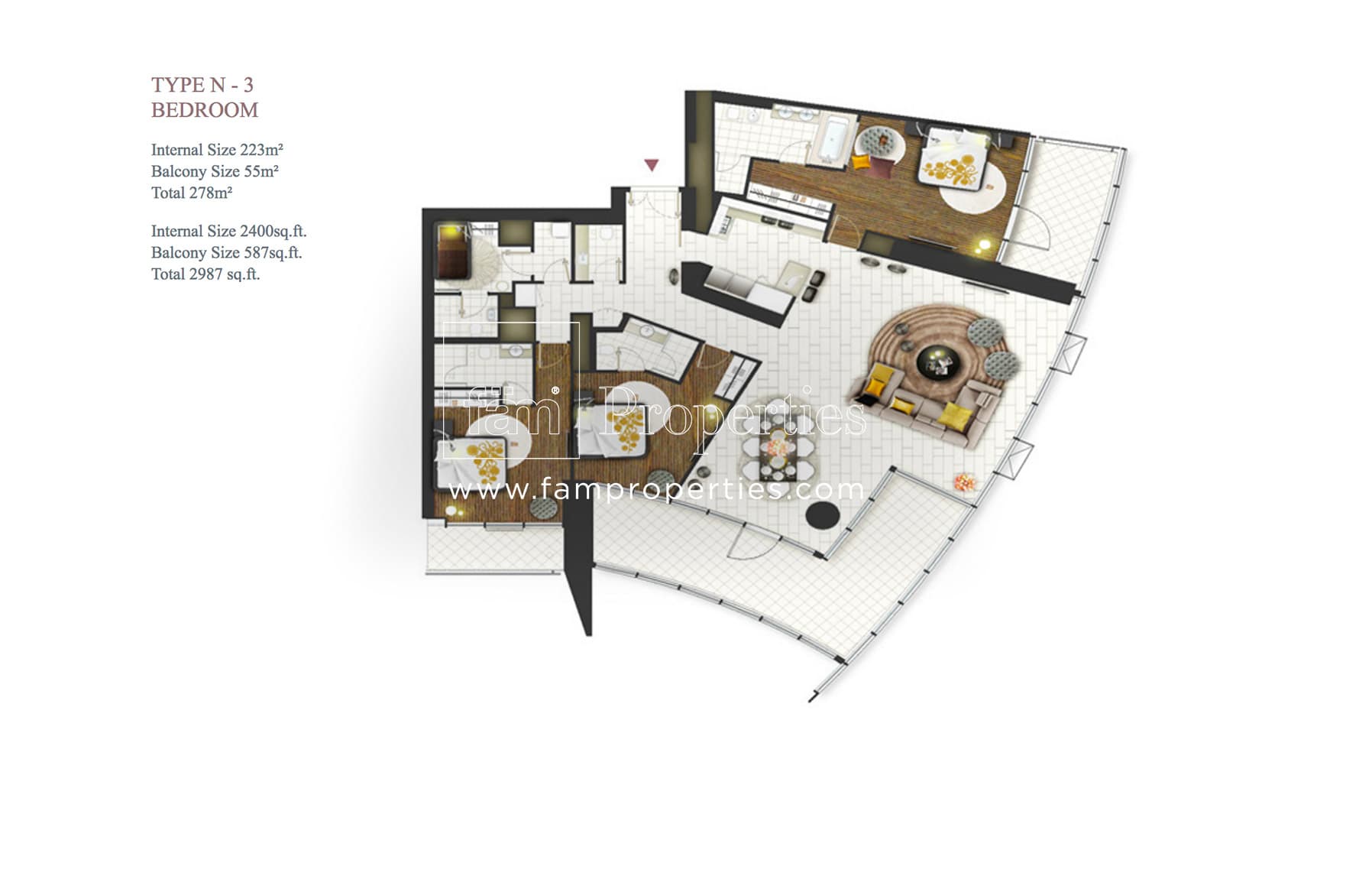 D1 Tower, 3-Bed Floor Plan, type: Type N - 3 Bedroom